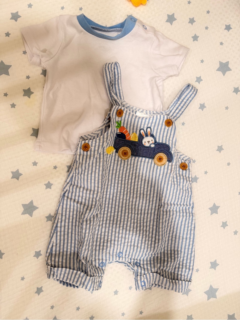 NWOT Baby Starters Blue & White Striped Bunny Truck Overalls Set